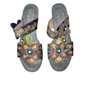 L'Artiste By Spring Step Haverb Sz 39 US 8.5 Sandals Floral Blue Gray Leather